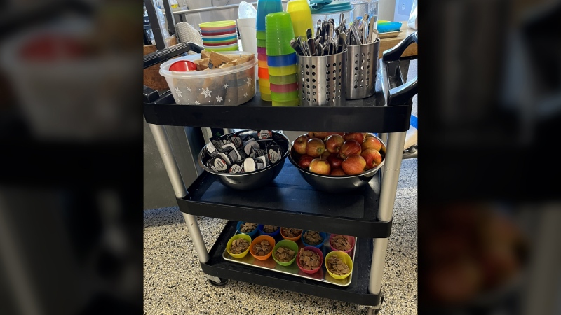 A tray full of food for a school breakfast in Ottawa is seen in this photo. The Ottawa Network for Education says higher food prices are putting the pinch on its breakfast program. (Katie Griffin/CTV News Ottawa)