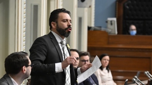 Quebec Solidaire MNA Haroun Bouazzi questions the government, at the legislature in Quebec City, Thursday, April 6, 2023. THE CANADIAN PRESS/Jacques Boissinot
