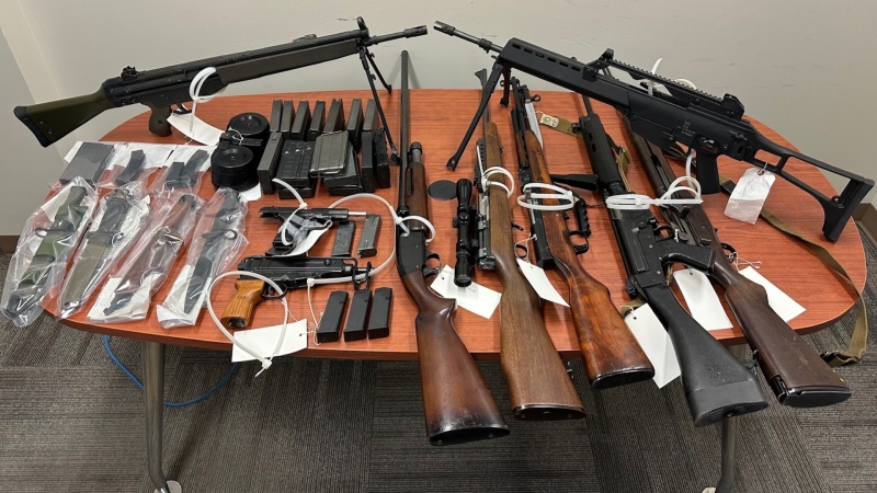 These guns were seized by police from a Fort Saskatchewan home in February 2024 before the 33-year-old resident was charged. (Source: RCMP) 