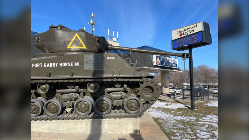 Charleswood Legion 100's Sherman tank is pictured on Feb. 20, 2024 on Roblin Boulevard. (Source: Jamie Dowsett/CTV News Winnipeg)