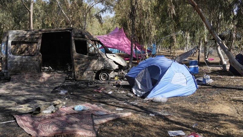 The site of a music festival near the border with the Gaza Strip in southern Israel, on Thursday, Oct. 12, 2023. (AP Photo/Ohad Zwigenberg, File)