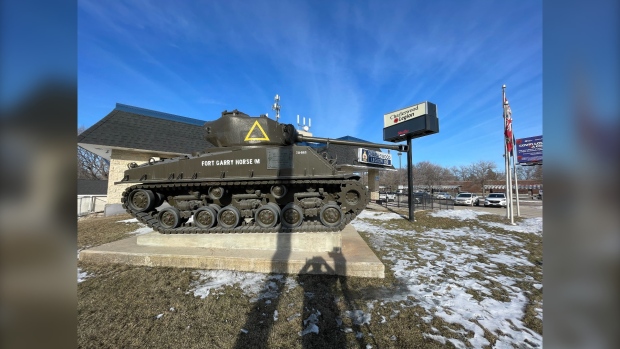 Charleswood Legion 100's Sherman tank is pictured on Feb. 20, 2024. The organization is fundraising for the tank's conservation by creating a memorial wall. (Source: Jamie Doswett/CTV News Winnipeg)