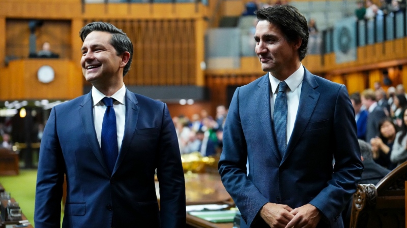 Pierre Poilievre, left, and the Conservatives saw a 17-point advantage over Prime Minister Justin Trudeau, right, and the federal Liberals in the new Nanos tracking. (Sean Kilpatrick/The Canadian Press)