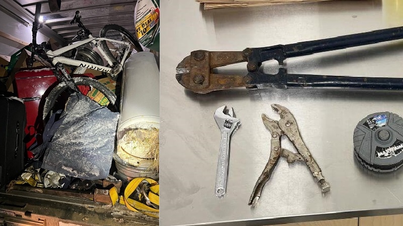 Police release images of stolen items (L) recovered and break-in instruments (R) allegedly seized in February 2024. (Source: Barrie Police Services)