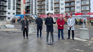 Prime Minister Justin Trudeau, and government officials including Edmonton Mayor Amarjeet Sohi and MP Randy Boissonnault, announced funding for affordable housing in Edmonton on Wednesday, Feb. 21, 2024. (Evan Klippenstein/CTV News Edmonton)