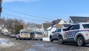 The entrance to Jean Street in Sudbury is blocked Wednesday afternoon as Sudbury police deal with a person who has barricaded themselves inside a residence. (Chelsea Papineau/CTV News)