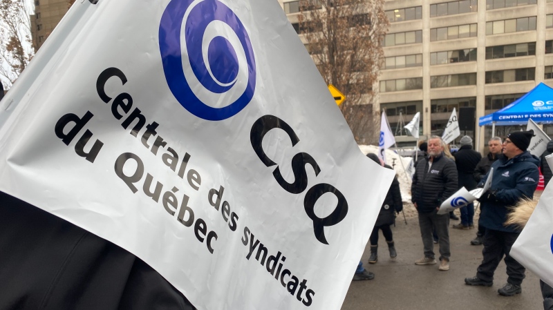 Daycare workers demonstrate in Quebec City on Thursday, Feb. 22, 2024. (Kelly Greig/CTV News)