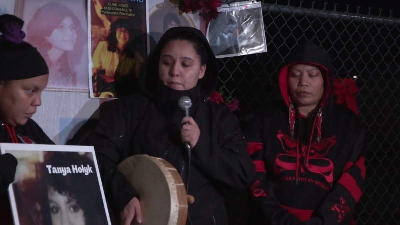 Family members of Robert Pickton's victims speak at a vigil on Feb. 21, 2024. 