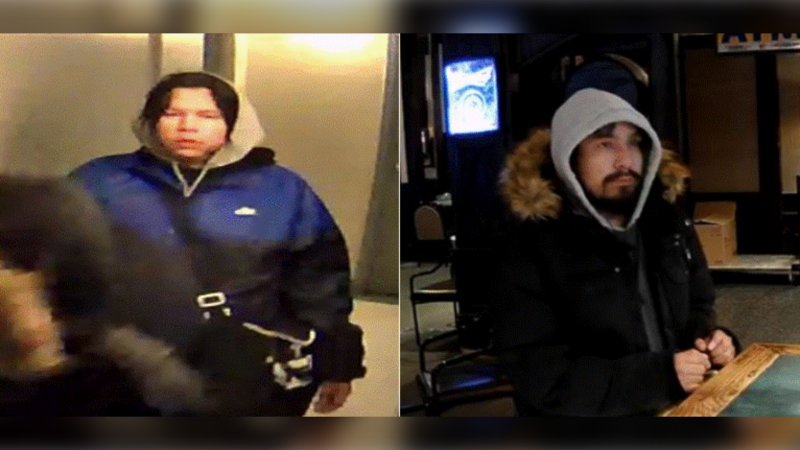 Two suspects sought by police are shown in undated photos supplied by the Winnipeg Police Service on Feb. 22, 2024. 