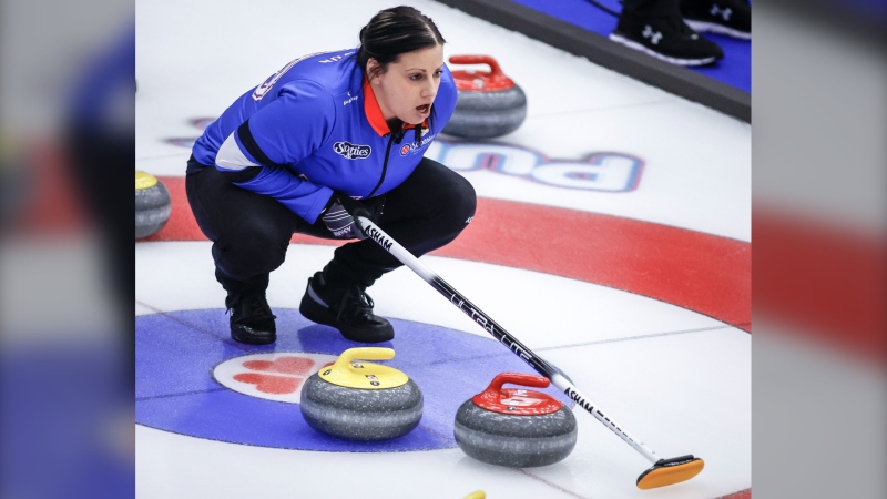 Team Manitoba-Cameron skip Kate Cameron directs her teammates as they play Team Manitoba-Jones at the Scotties Tournament of Hearts in Calgary, Wednesday, Feb. 21, 2024. (Jeff McIntosh/The Canadian Press)