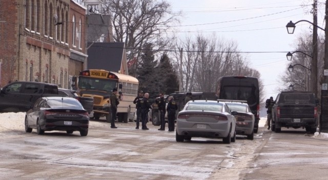 Police block Wroxeter’s Main Street as they arrest two individuals on outstanding warrants in Wroxeter, Ont., on Feb. 22. (Scott Miller/CTV News London)