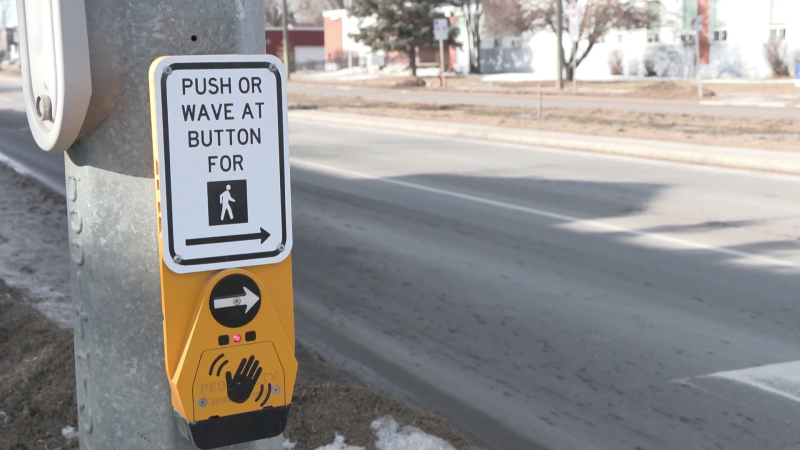 The crosswalk at Grant Avenue and Lanark Street where three people were struck by a vehicle on Feb. 22, 2024. (Jamie Dowsett/CTV News Winnipeg)