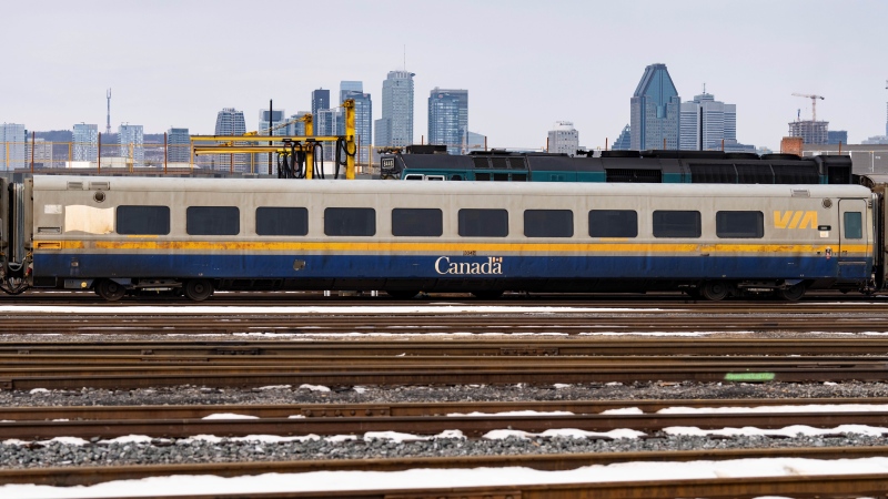 Passenger trains sit on the tracks at the Via Rail Canada Maintenance Centre in Montreal, Thursday, Feb. 22, 2024. THE CANADIAN PRESS/Christinne Muschi