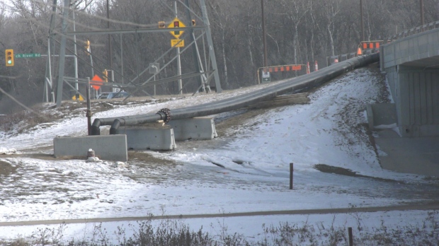 The new bypass set up to help stop sewage from spilling into the Red River near the Fort Garry Bridge on Feb. 22, 2024. (Danton Unger/CTV News Winnipeg)
