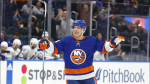 New York Islanders centre Bo Horvat celebrates after scoring against the Tampa Bay Lightning during the second period of an NHL hockey game onFeb. 8, 2024, in New York. (Noah K. Murray/The Associated Press)