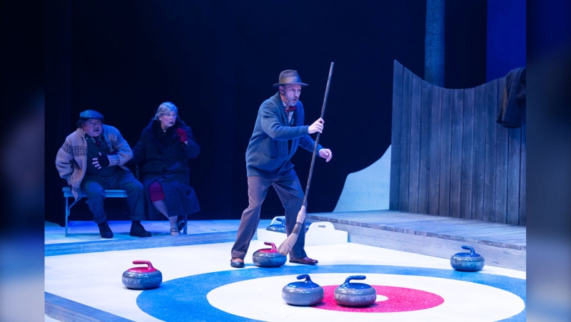 The cast of The Black Bonspiel of Wullie MacCrimmon, at the Martha Cohen Theatre through March 10. (Courtesy ATP. Photo: Benjamin Laird)
