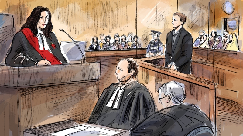 Justice Renee Pomerance, from left to right, Nathaniel Veltman's lawyers Peter Ketcheson and Christopher Hicks and Veltman, standing at rear, are shown in a courtroom sketch during Veltman's sentencing hearing at the courthouse in London, Ont., Thursday, Feb. 22, 2024. THE CANADIAN PRESS/Alexandra Newbould