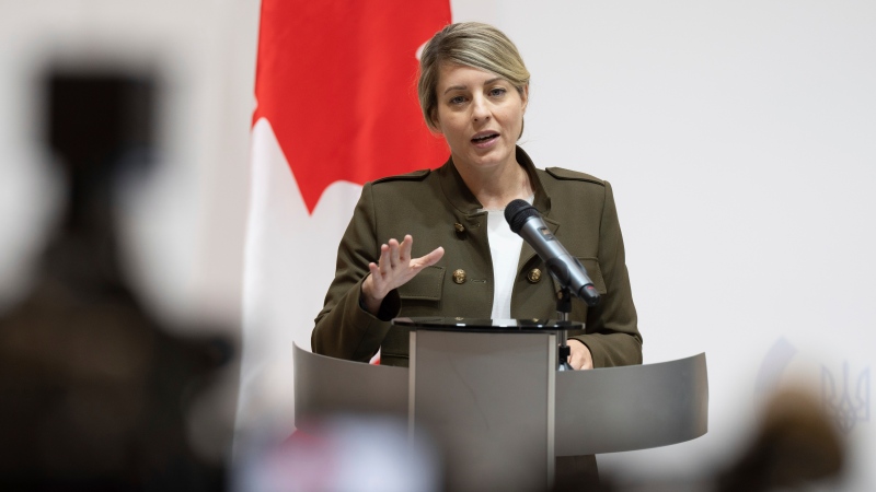 Canada's Foreign Minister Melanie Joly speaks to the media during a press conference with Ukraine's Foreign Minister Dmytro Kuleba in Kyiv, Ukraine, on Friday, Feb. 2, 2024. (AP Photo/Evgeniy Maloletka)