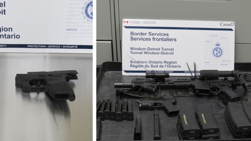 CBSA officers seized three firearms, 25 over-capacity magazines and various prohibited weapons. (Source: CBSA/X)