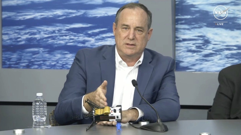 In this image from video provided by NASA, Steve Altemus, CEO and co-founder of Intuitive Machines, describes how it is believed the company's Odysseus spacecraft landed on the surface of the moon, during a news conference in Houston on Friday, Feb. 23, 2024. (NASA via AP)