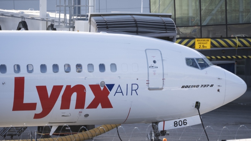A Lynx Air Boeing 737 jet sits at a gate at the international airport in Calgary on Feb. 23, 2024. (Todd Korol/The Canadian Press)