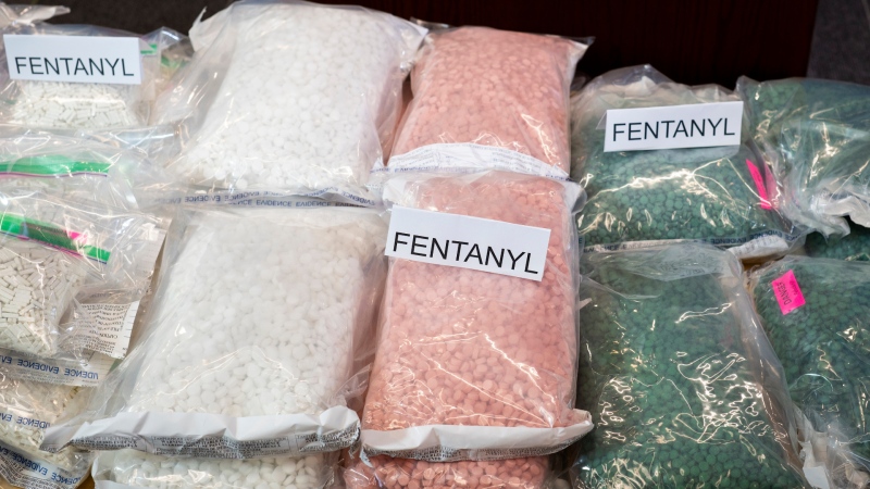 Seized fentanyl is displayed during a news conference at B.C. RCMP Divisional Headquarters in Surrey on Feb. 23, 2024. (THE CANADIAN PRESS/Tijana Martin)