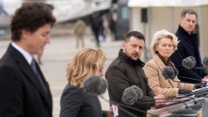 Ukrainian President Volodymyr Zelenskyy listens as Prime Minister Justin Trudeau speaks during a ceremony at Hostomel Airport in Kyiv, Ukraine on Saturday, February 24, 2024. The ceremony marking the Russian invasion's second anniversary also included Italian Prime Minister Giorgia Meloni (second from left), European Commission President Ursula von der Leyen (second from right) and Belgian Prime Minister Alexander De Croo (right). THE CANADIAN PRESS/Nathan Denette