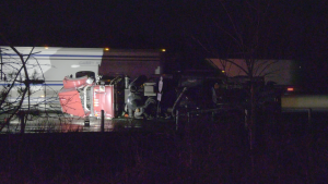 A transport truck is seen on Highway 401 near Ingersoll, Ont. following a crash on Feb. 23, 2024. (Gerry Dewan/CTV News London) 