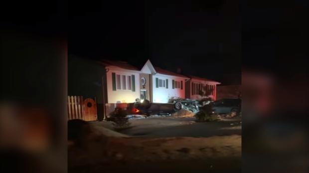 Police are investigating a car left the roadway and rolled into a home in the Greater Sudbury community of Garson the evening of Friday Feb. 23, 2024. (Facebook / GARSON FALCONBRIDGE COMMUNITY ACTION NETWORK)