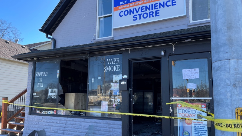 Police tape cordons off a Parkhill Road West address in Cambridge following a suspicious fire. Feb. 24, 2024 (Hannah Schmidt / CTV News)
