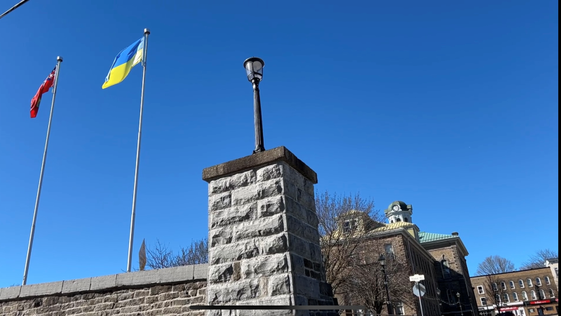 Ukrainian flag flies at Brockville City Hall on the 2nd anniversary of Russia's invasion into Ukraine. Feb. 24, 2024. (Jack Richardson/CTV News Ottawa)