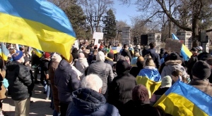 Hundreds of people attended a rally in London, Ont.'s Victoria Park to mark the second anniversary of the war in Ukraine on Feb. 24, 2024. (Sean Irvine/CTV News London)