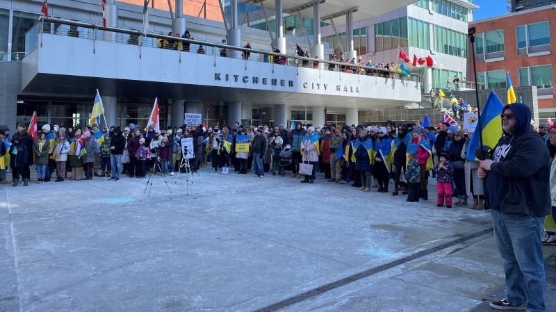 A large group of people came together for a rally at Carl Zehr Square in Kitchener to mark two years since Russia's invasion of Ukraine on Feb. 24, 2024. (Hannah Schmidt / CTV News)