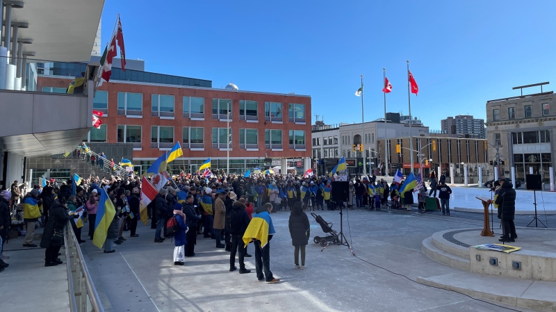 A large group of people came together for a rally at Carl Zehr Square in Kitchener to mark two years since Russia's invasion of Ukraine on Feb. 24, 2024. (Hannah Schmidt / CTV News)