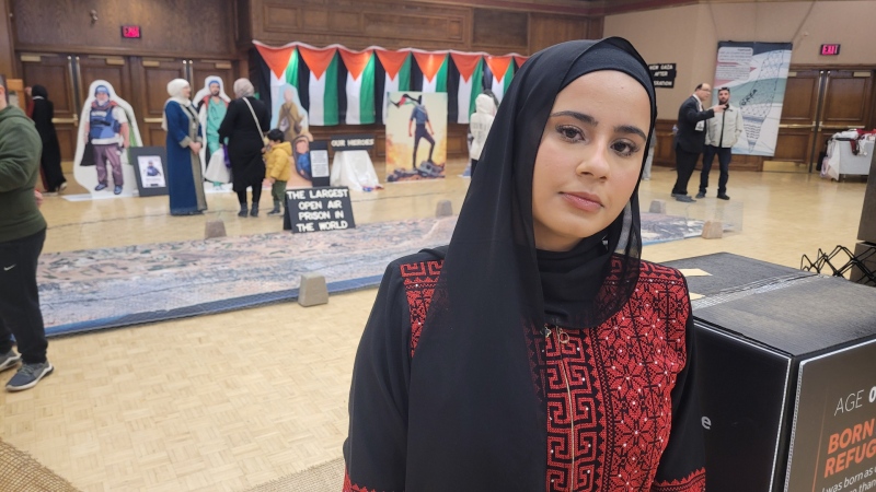 Windsor 4 Palestine member Malak Alhajsaleh is seen at the 'Gaza Will Rise' art exhibit in Windsor, Ont. on Feb. 24, 2024. (Sanjay Maru/CTV News Windsor) 