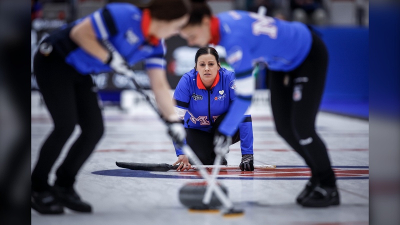 Team Manitoba-Cameron skip Kate Cameron watches her shot as they play Team Alberta in Page playoffs at the Scotties Tournament of Hearts in Calgary, Saturday, Feb. 24, 2024. (THE CANADIAN PRESS/Jeff McIntosh)