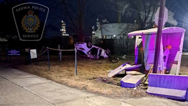 Police are investigating after a car flipped over in Sarnia, Ont. on Feb. 25, 2024 and the driver reportedly fled the scene of the crash. (Source: Sarnia Police Service)