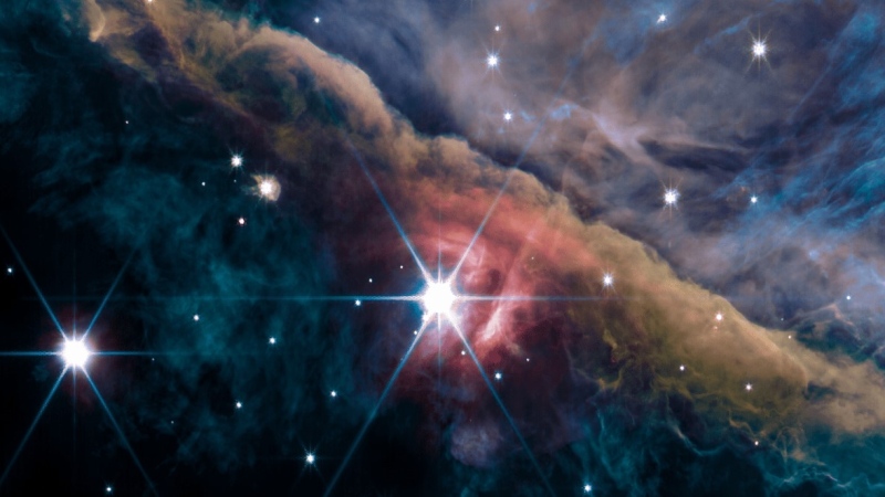 The inner region of the Orion Nebula as seen by the James Webb Space Telescope’s NIRCam instrument. The image was obtained with the James Webb Space Telescope NIRCam instrument on Sept. 11, 2022. Several images in different filters were combined to create this composite image: F140M and F210M (blue); F277W, F300M, F323N, F335M, and F332W (green); F405N (orange); and F444W, F480M, and F470N (red). (NASA, ESA, CSA, PDRs4All ERS Team; Salomé Fuenmayor image via Western University)