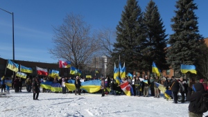 As the war in Ukraine enters its third year many Ukrainians who has settled in northern Ontario said it appears there is no end in sight. Sudburians host a rally in support of Ukraine near the city's downtown core on Feb. 24, 2024. (Supplied/Terry Martyn)