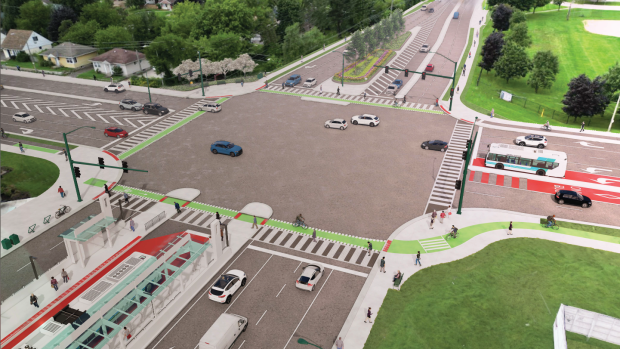 A conceptual rendering of the East London Link phase 3C at the Highbury Avenue North and Oxford Street East intersection. (Source: City of London)