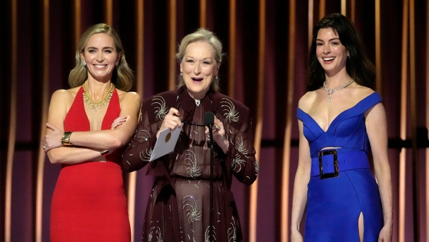 Emily Blunt, from left, Meryl Streep, and Anne Hathaway present the award for outstanding performance by a male actor in a comedy series during the 30th annual Screen Actors Guild Awards on Saturday, Feb. 24, 2024, at the Shrine Auditorium in Los Angeles. (AP / Chris Pizzello)