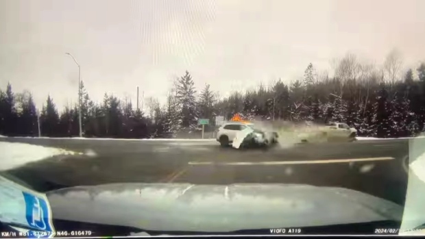 A motor vehicle collision at the intersection of Highway 144 and Regional Road 8 in Greater Sudbury on Feb. 19, 2024. (Image from video supplied by Ontario Provincial Police)