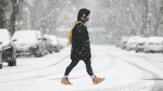 A person walks along a street during heavy snowfall in Montreal, Sunday, Dec. 3, 2023. (Graham Hughes/THE CANADIAN PRESS)