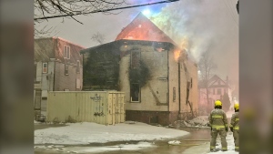 The WFPS on scene of the fire in Winnipeg's West Broadway area on Feb. 26, 2024. (Source: Scott Andersson/CTV News)