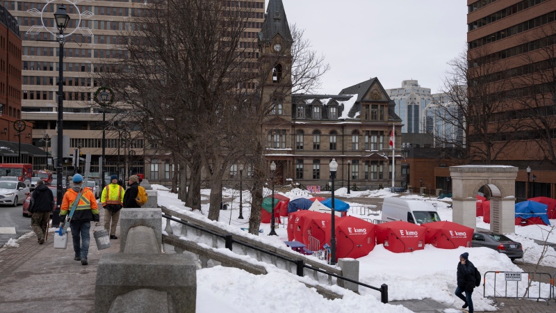 The homeless encampment in Grand Parade in front of City Hall in Halifax is seen after eviction notices were served on Wednesday, Feb. 7, 2024. THE CANADIAN PRESS/Darren Calabrese