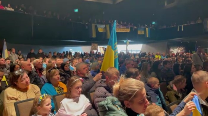 Hundreds of people came together at the CMHR to mark two years since the start of the war in Ukraine. (Source: Alexandra Holyk/CTV News)