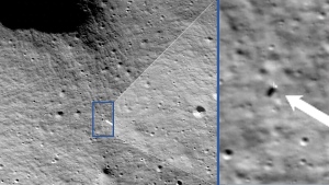 These photos provided by NASA show images from NASA's Lunar Reconnaissance Orbiter Camera team which confirmed Odysseus completed its landing. (NASA/Goddard/Arizona State University via AP)