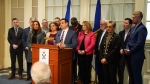 Nova Scotia Liberal leader Zach Churchill is flanked by MLAs as he speaks with reporters at the Province House on Feb. 26, 2024. (Nova Scotia Liberal Party)