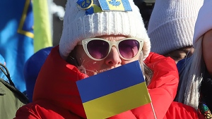 A person takes part in a demonstration in support of Ukraine on the second anniversary of Russia's invasion, on Parliament Hill in Ottawa on Saturday, Feb. 24, 2024. (Patrick Doyle/THE CANADIAN PRESS) 