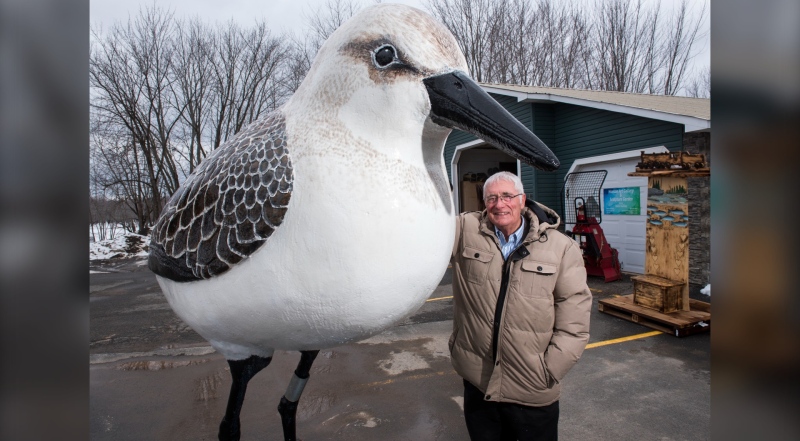 Robin Hanson stands with his statue of a semipalmated sandpiper on Friday March 24, 2023. (THE CANADIAN PRESS/Stephen MacGillivray)